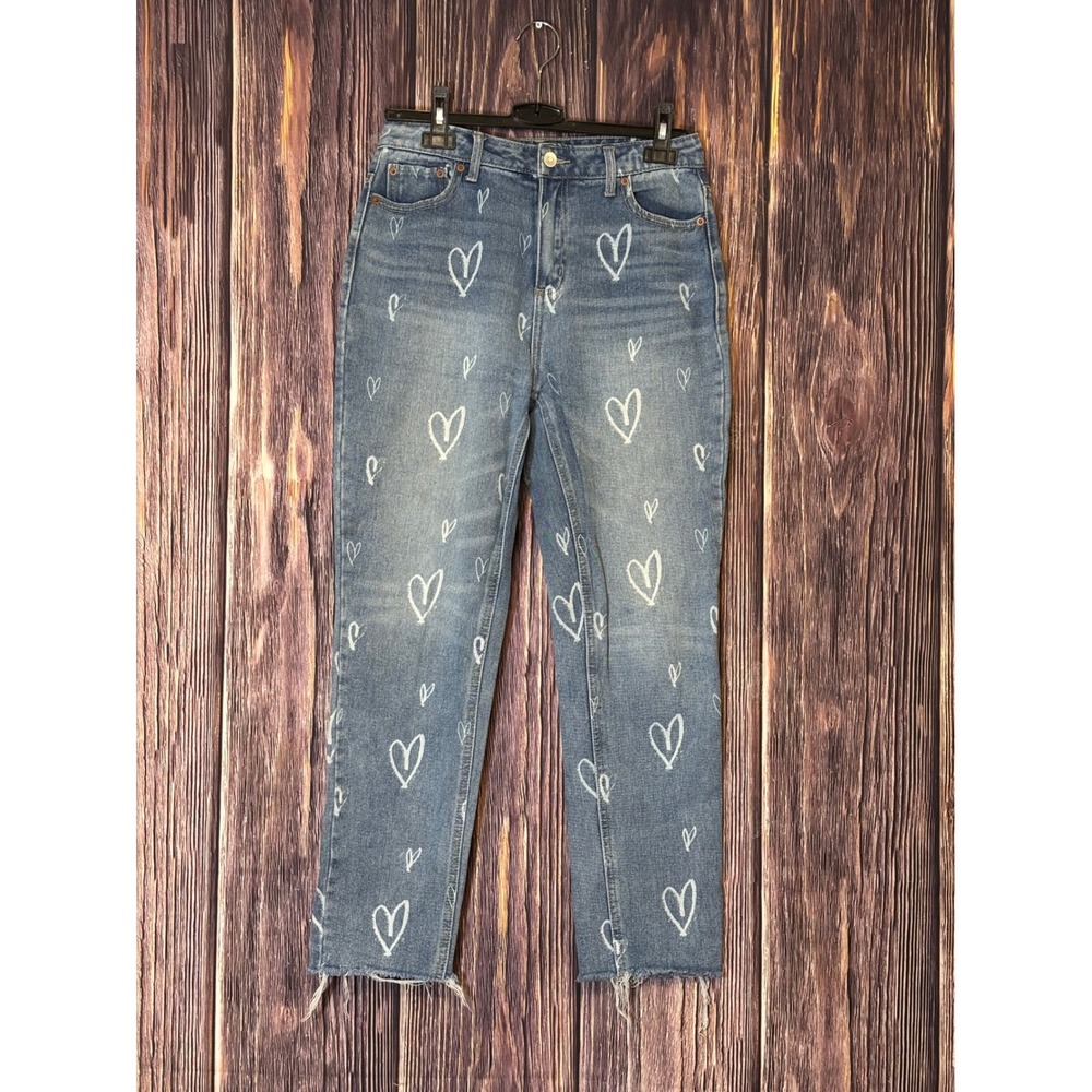No Boundaries Jeans Womens 5 Blue Heart Print Cropped Raw Hem Trendy Denim